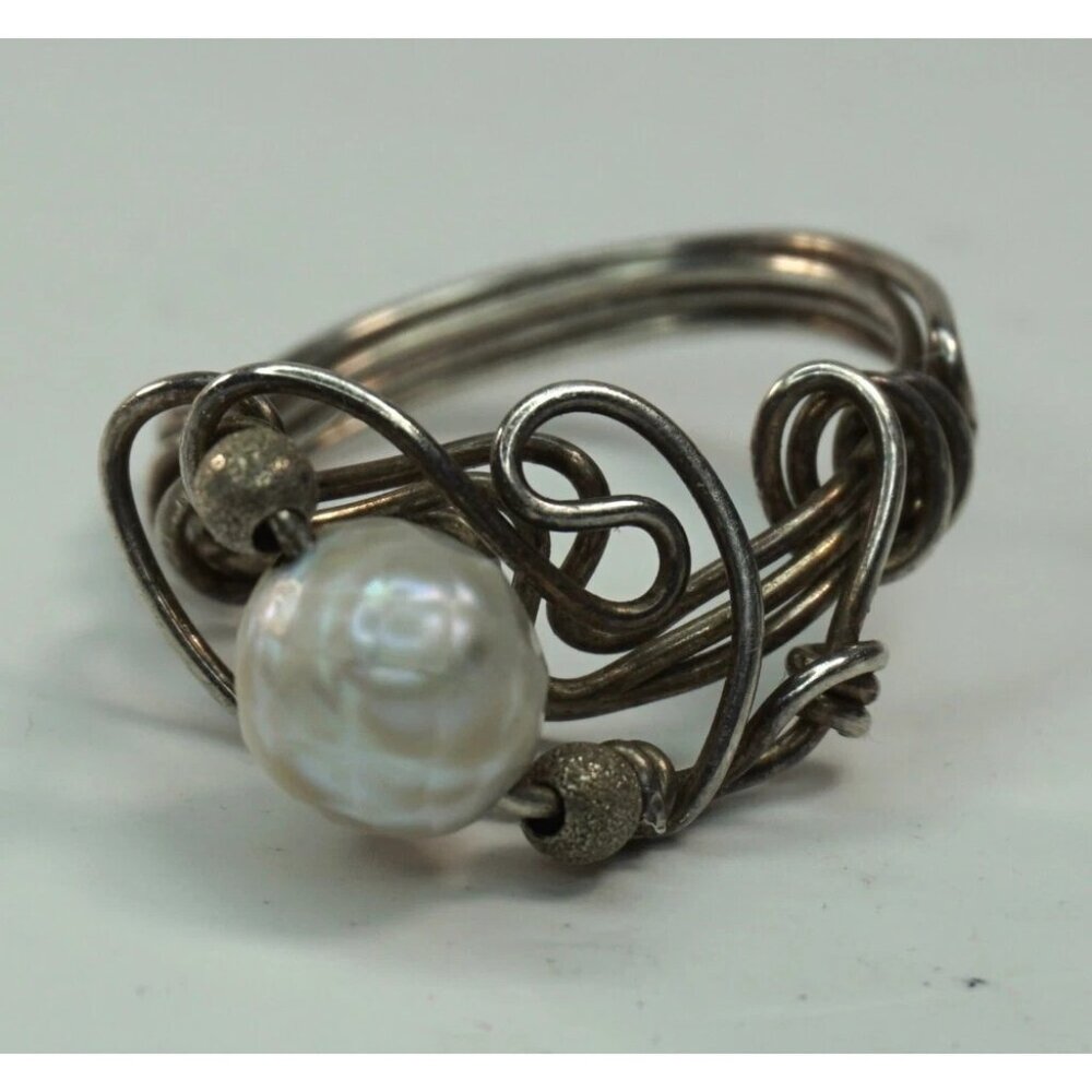 925 Sterling Silver wire Ring 7.5 Cultured Pearl Freeform MCM Abstract Jewelry